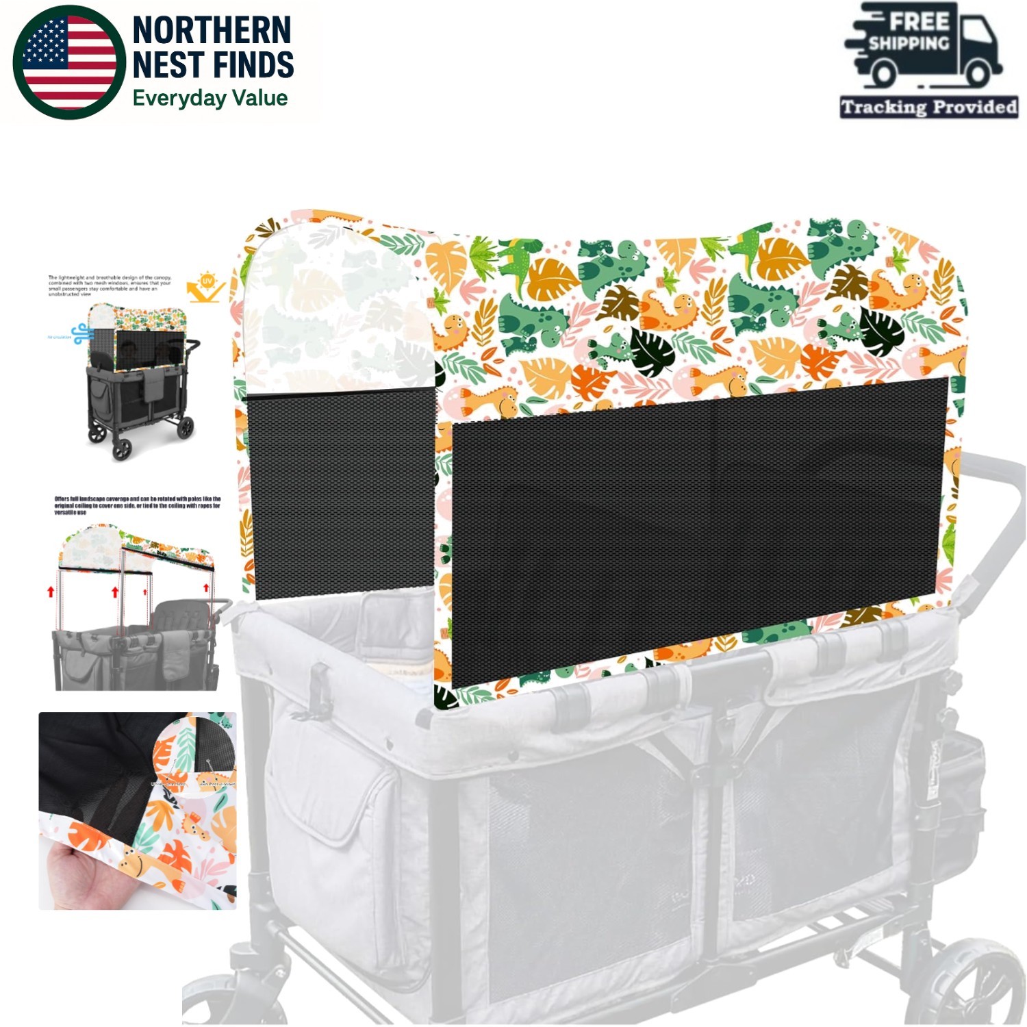 Sun-Protective Canopy with Mesh Windows for Wonderfold Stroller Wagons W2/W4