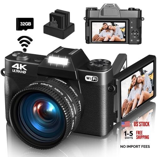 4K Digital Camera for Photography & Vlogging, 56MP YouTube Camera with Black