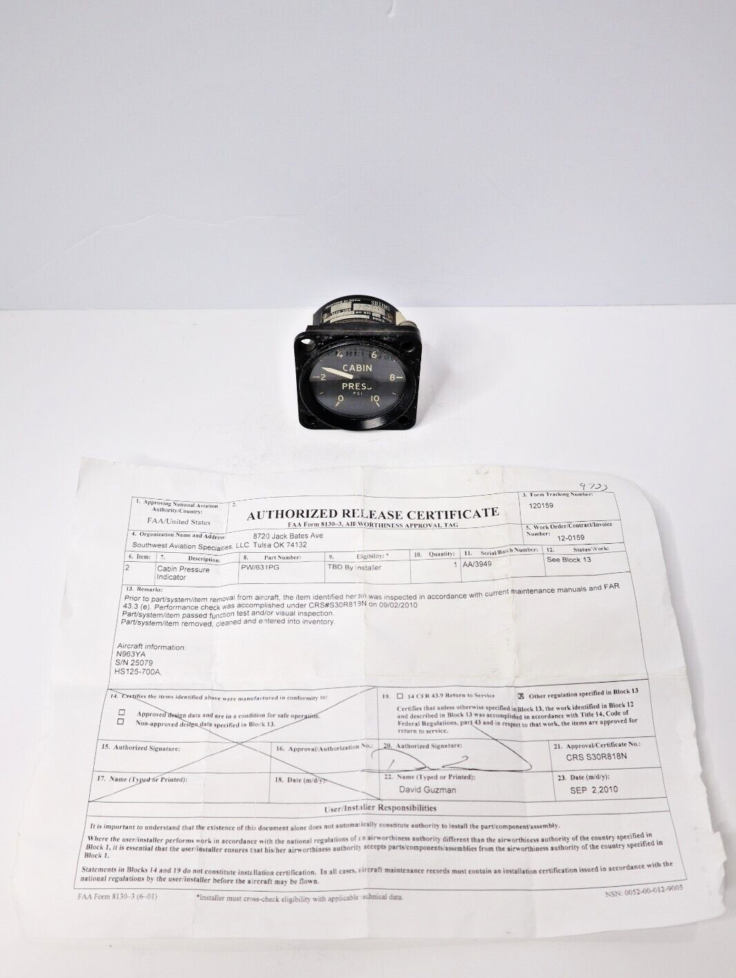 Smiths PW/631PG Cabin Pressure Indicator - Removed Working with FAA 8130-3 Form