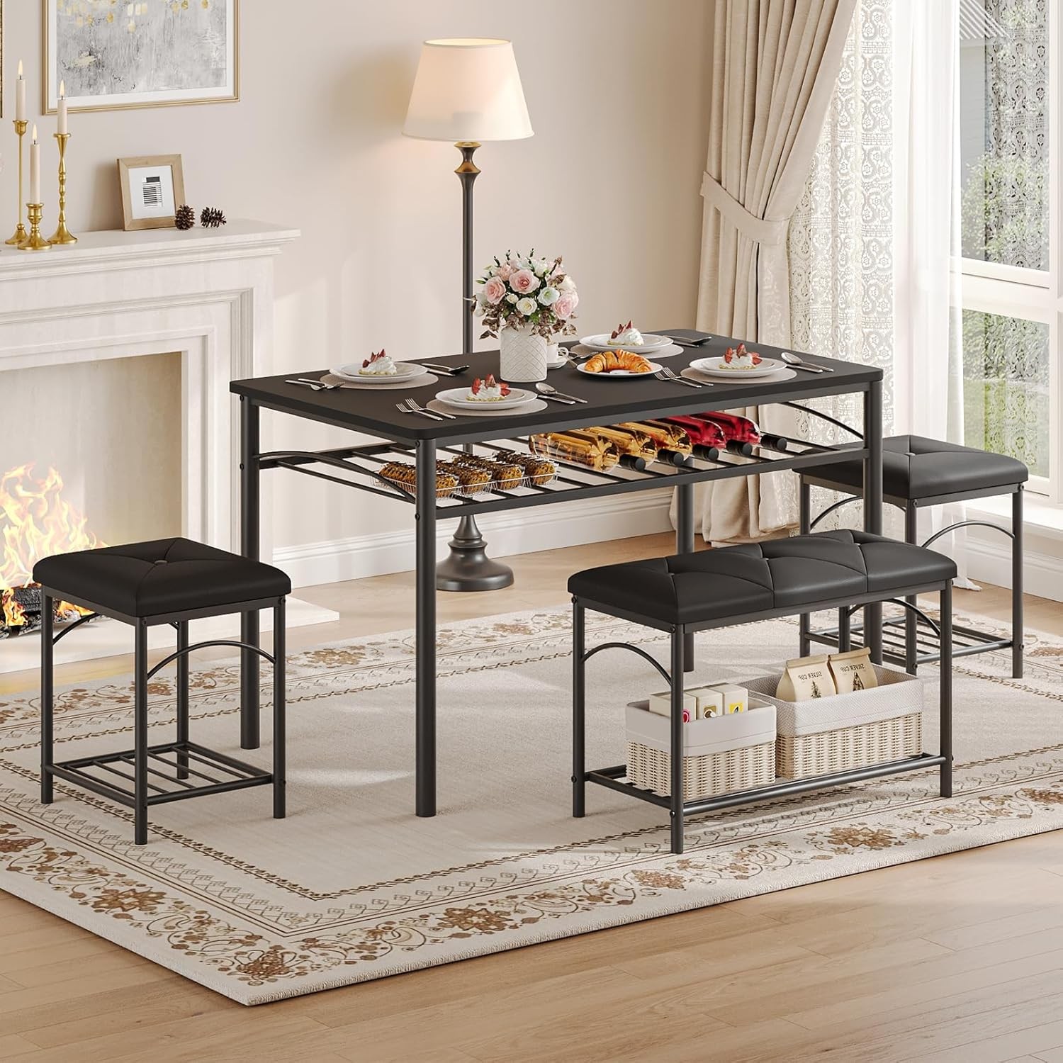 Dining Table Set for 4, Kitchen Table with Upholstered Bench,2 Stools,Table Set