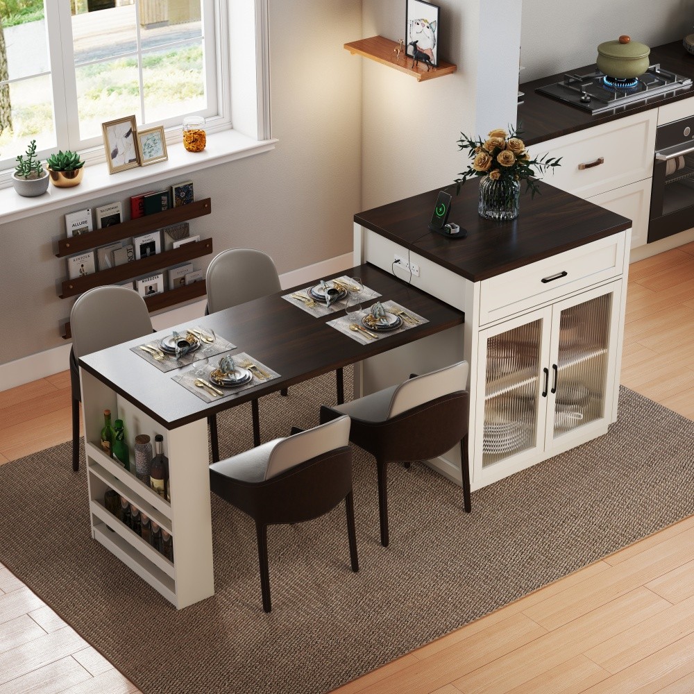 Extendable Kitchen Island Table with Power Outlet Storage Glass Doors Walnut