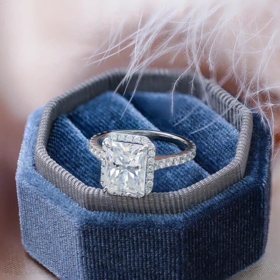 14k White Gold Plated 2.50 CTW Radiant Certified Moissanite Halo Engagement Ring