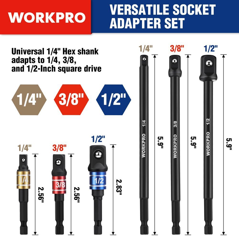 WORKPRO 9PCS Impact Grade Socket Adapter Set Basic/Swivel/Long for Power Drill