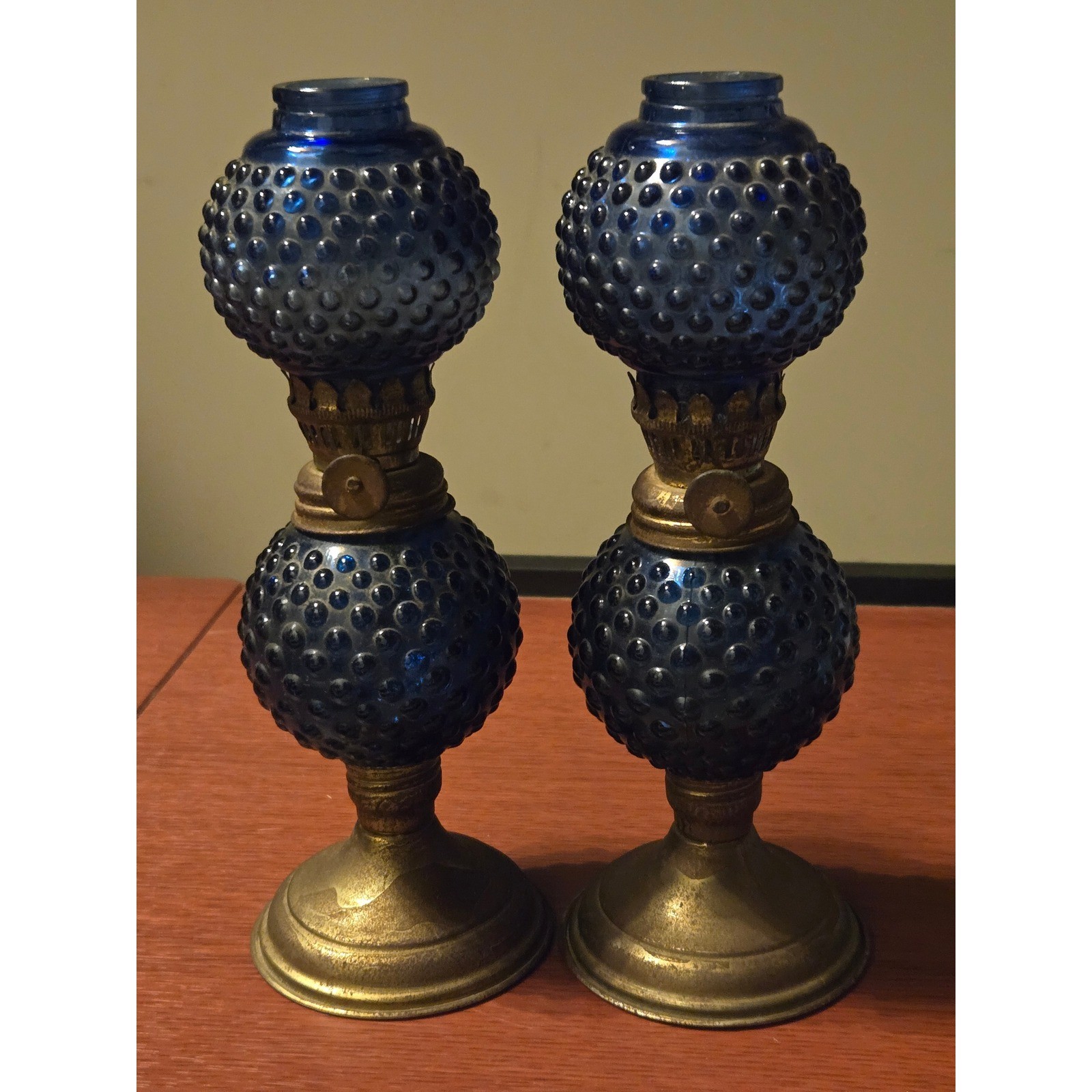Vintage Cobalt Blue Hobnail Glass Miniature Oil Lamps Pair Brass Base Set of 2