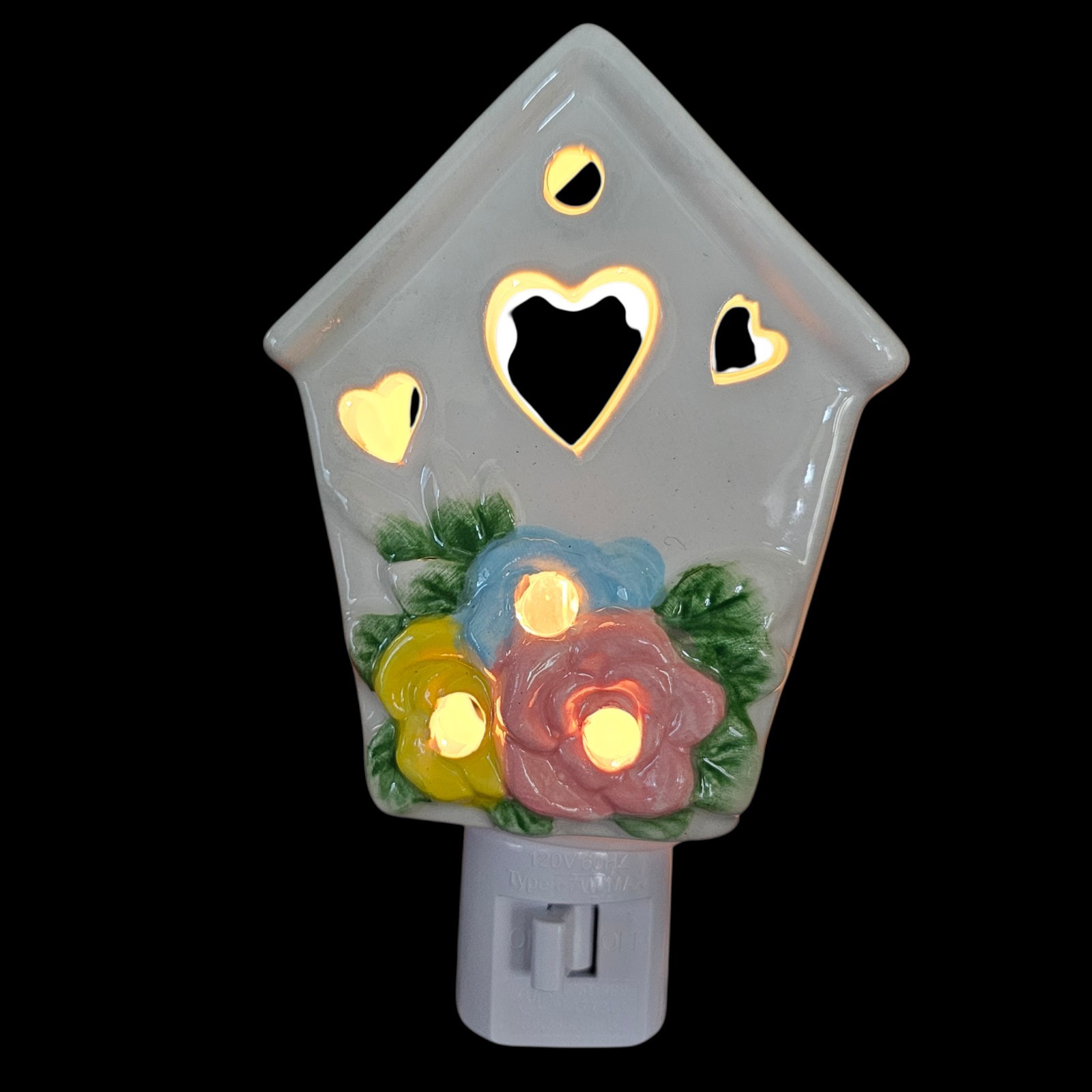 Ceramic White Birdhouse Night Light with Pink Yellow and Blue Flowers Switch