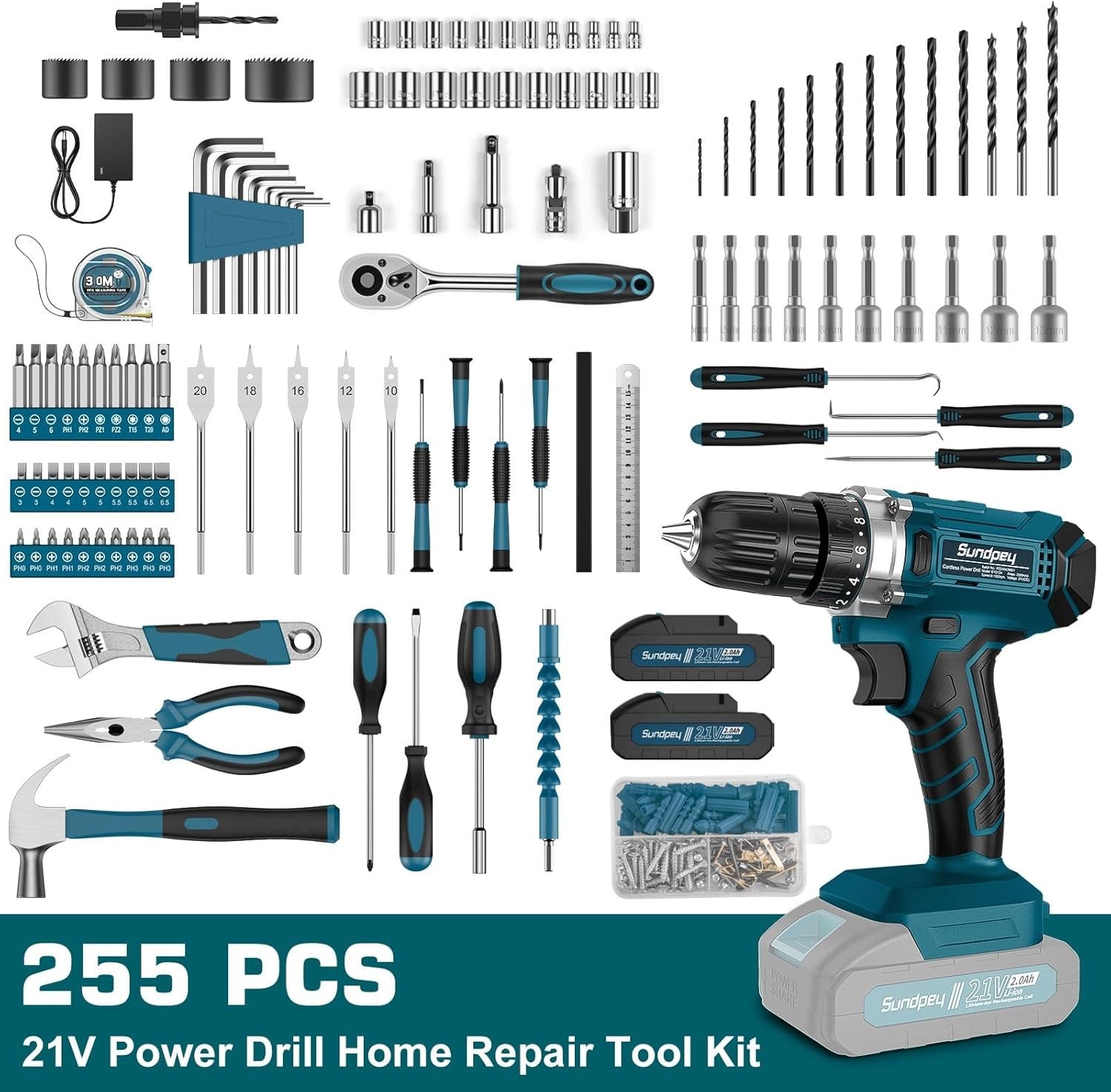 Tool Kit with 21V Cordless Drill - 255-PCs Portable Complete General Basic Ho...