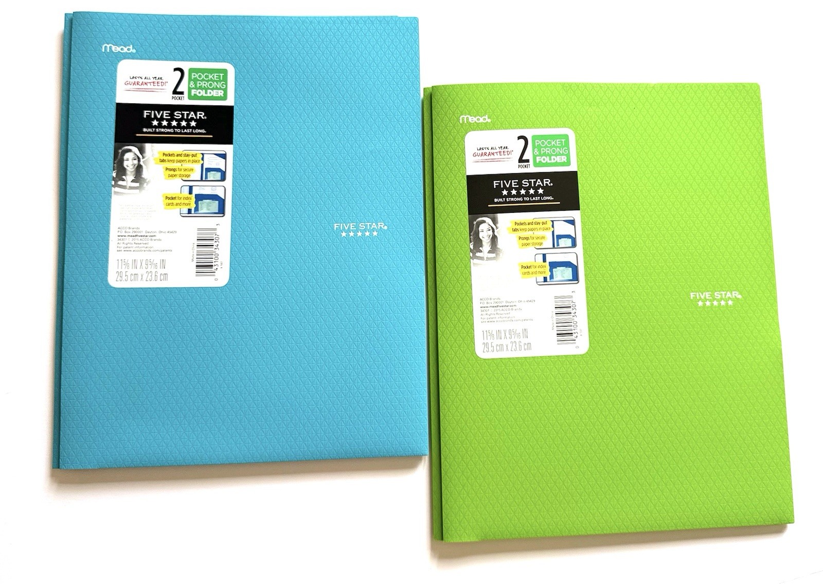 Five Star 2-Pocket Plastic Stay Put Tabs & 3-Prong Folders Lime Green & Teal New