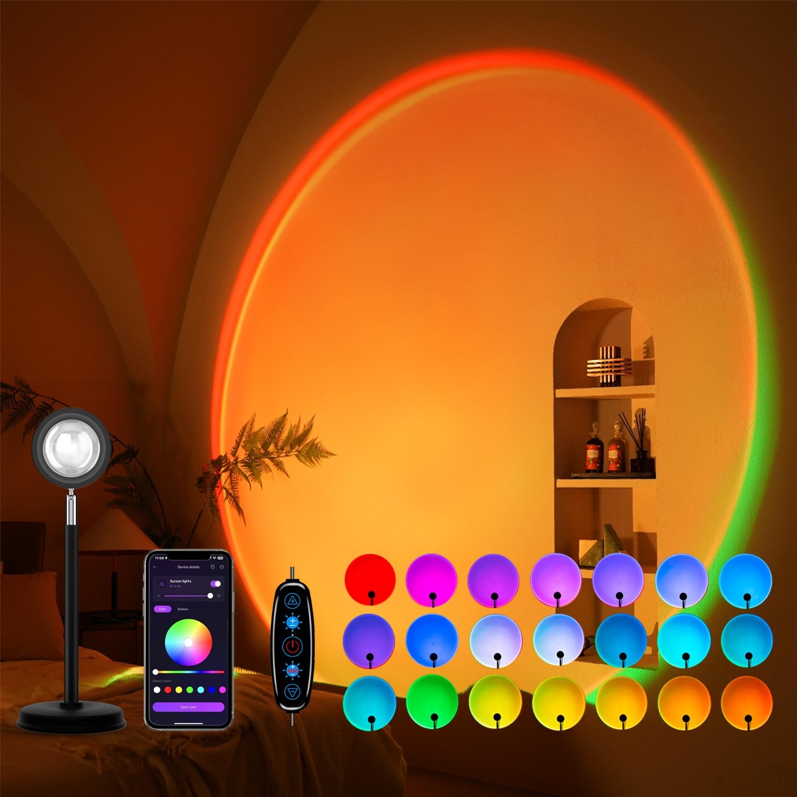Sunset Projection Lamp - 21 Colors, 180° Rotation, APP & Button Control, Party D