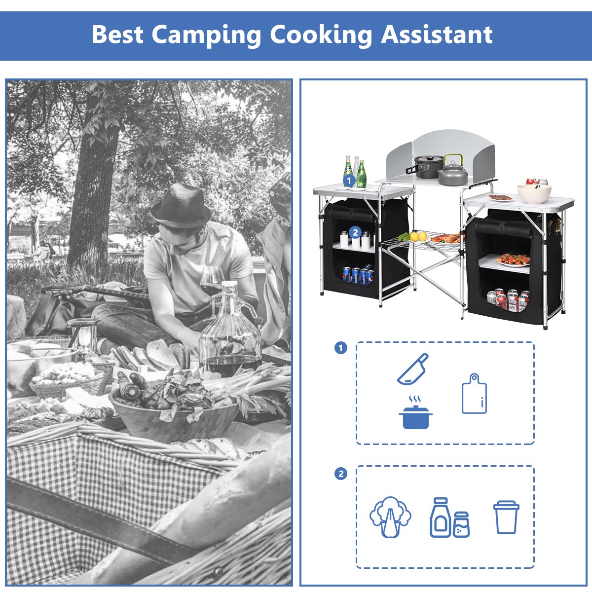 Folding Portable Aluminum Camping Grill Table w/ Storage Organizer Windscreen
