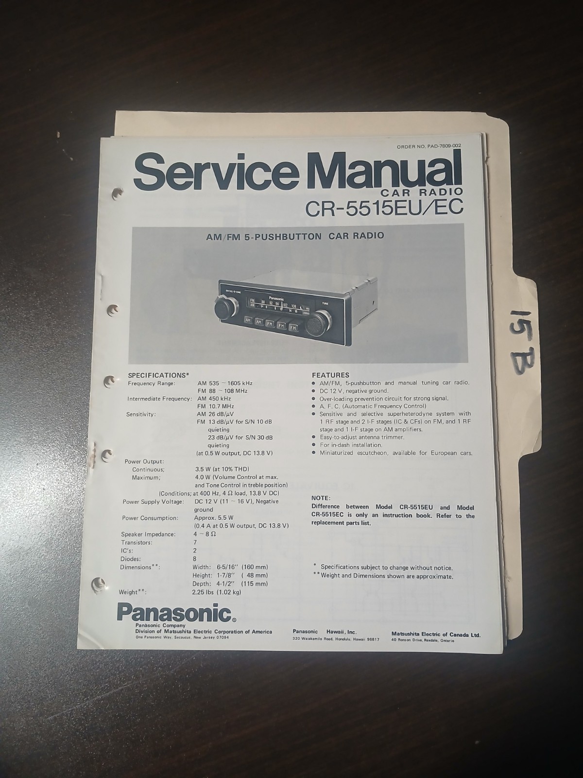 Panasonic CR 5515 EU EC Service Manual Original Repair Book Radio