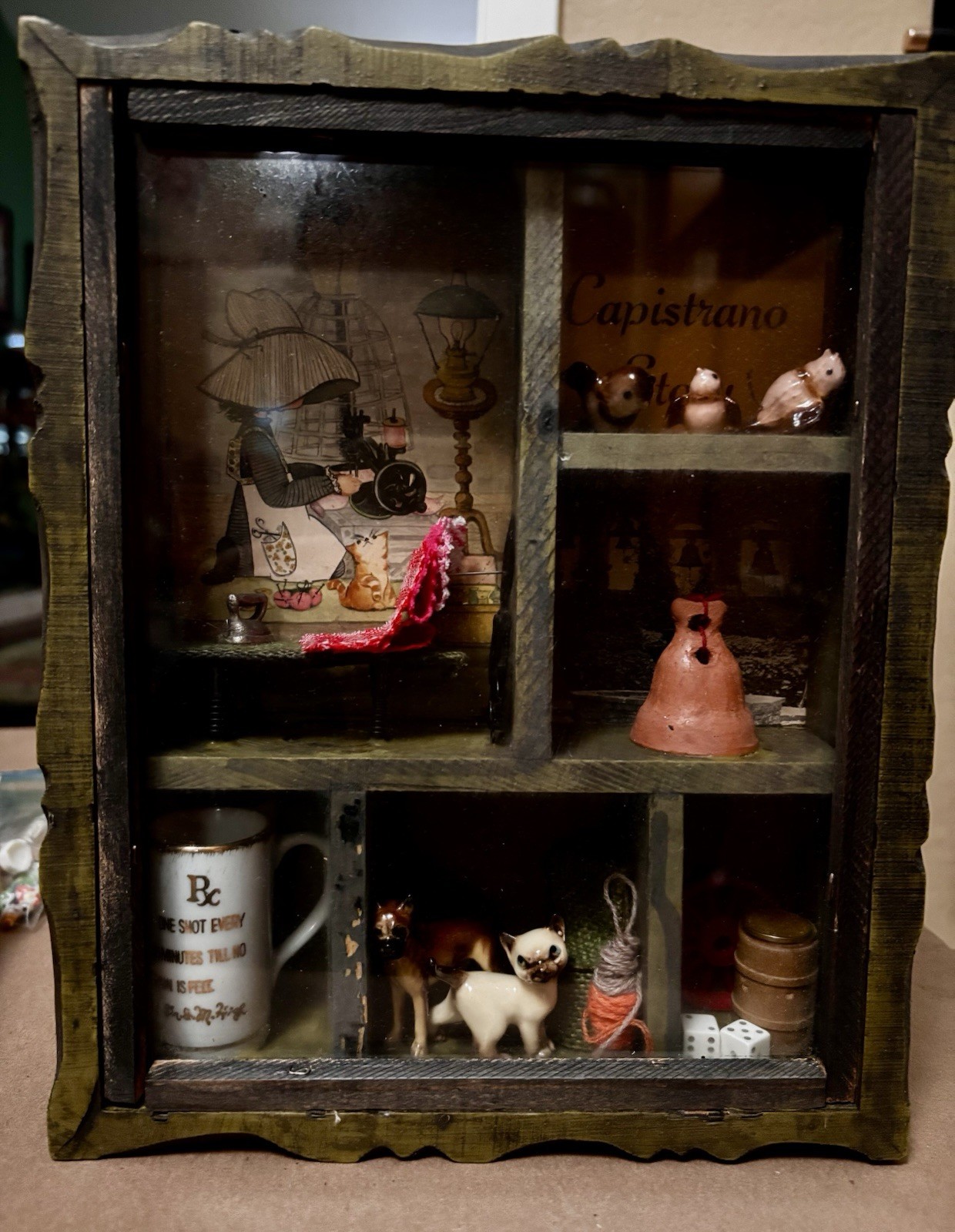 VTG Wooden Capistrano Shadow Box-Swallows Cat Dog Iron Holly Hobbie Rx Dice Bell