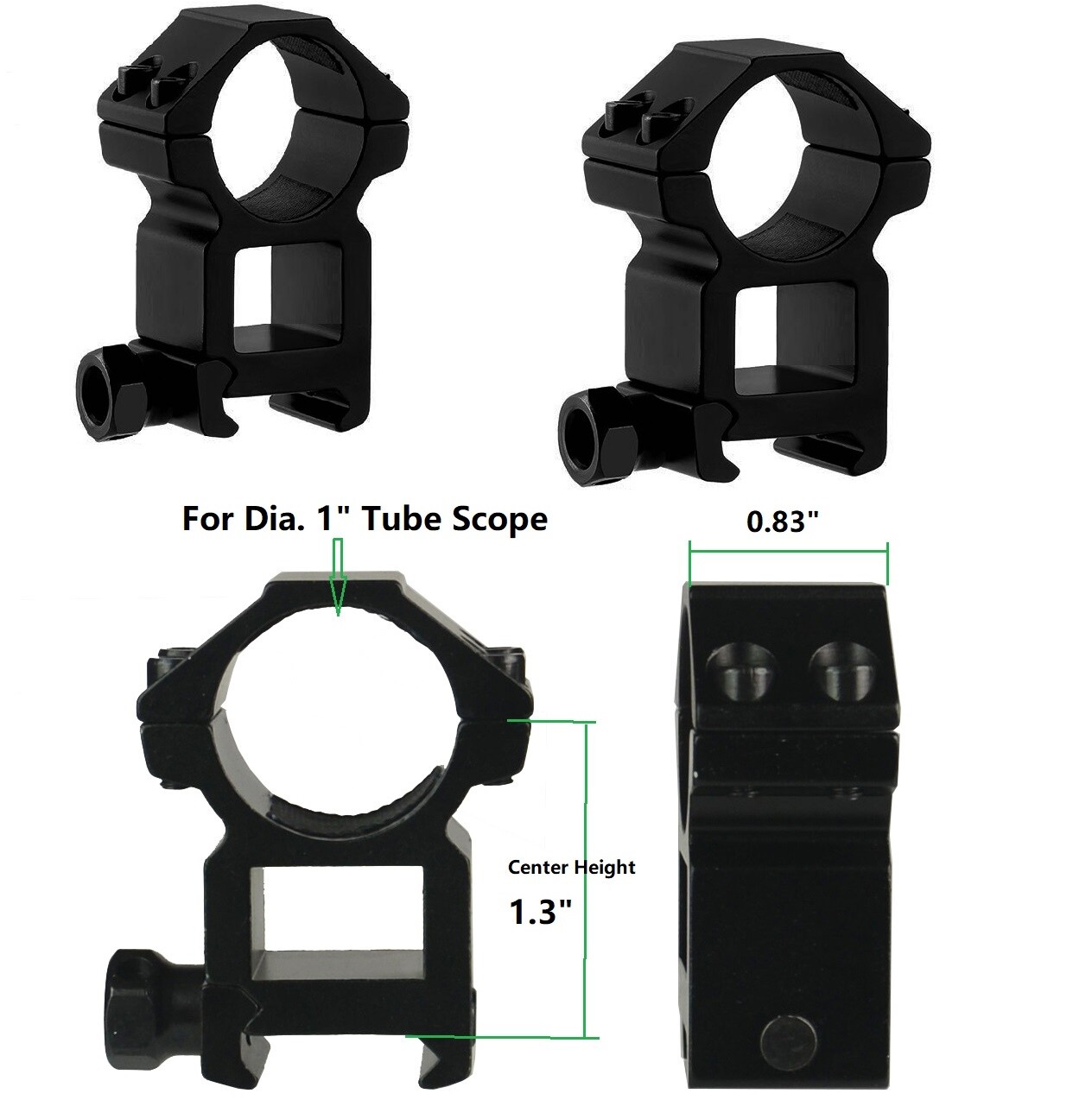 1 Pair High Profile Scope Ring 1.3" Center Height for 1" Tube Scope Double Screw