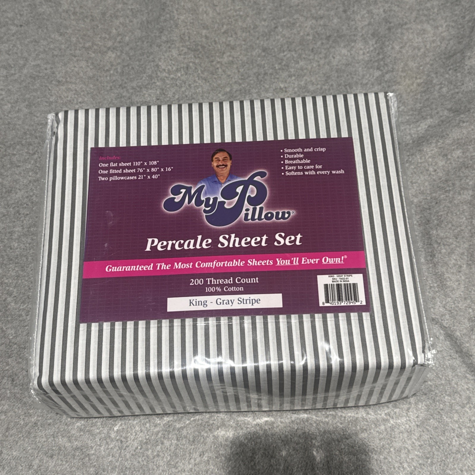 MY PILLOW King Size Percale Sheet Set Gray Stripe 200 Count New