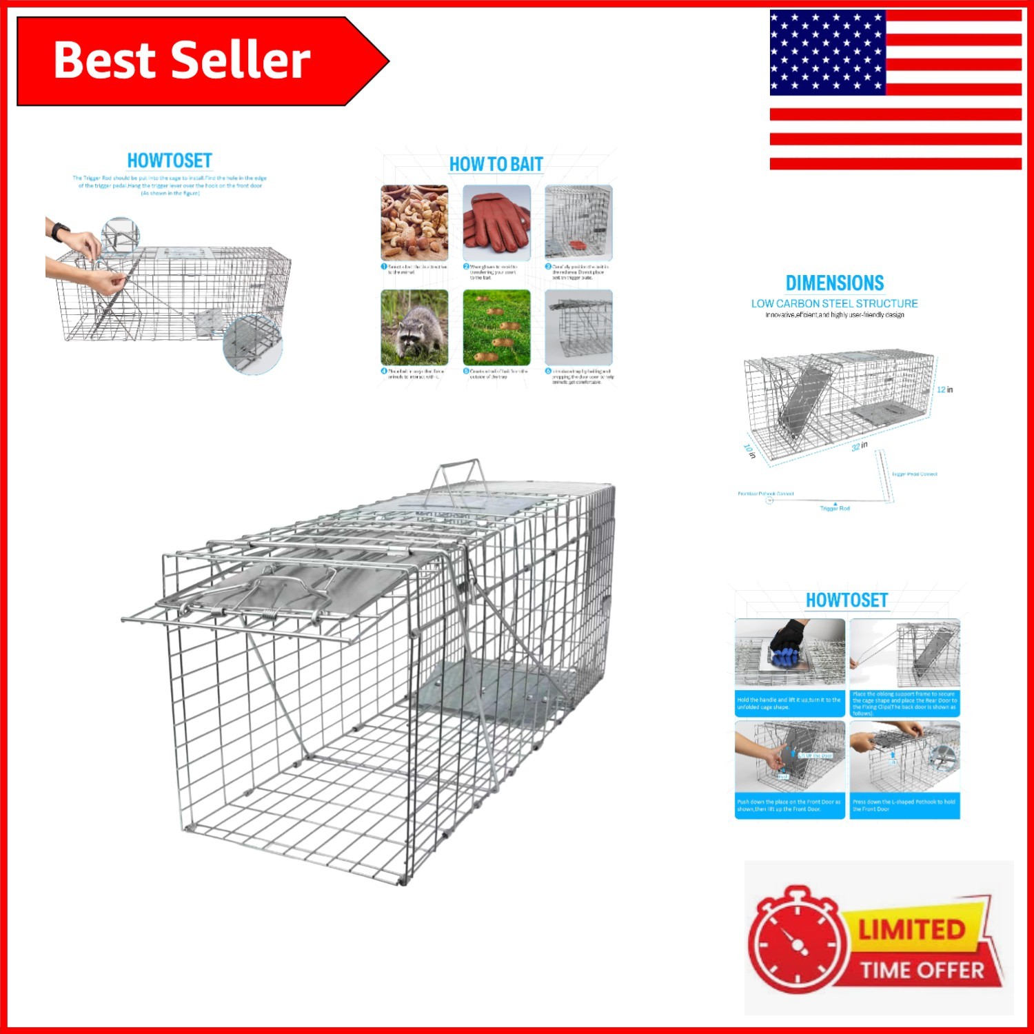 Convenient 32" Live Animal Cage Trap - Catch & Release for Stray Animals