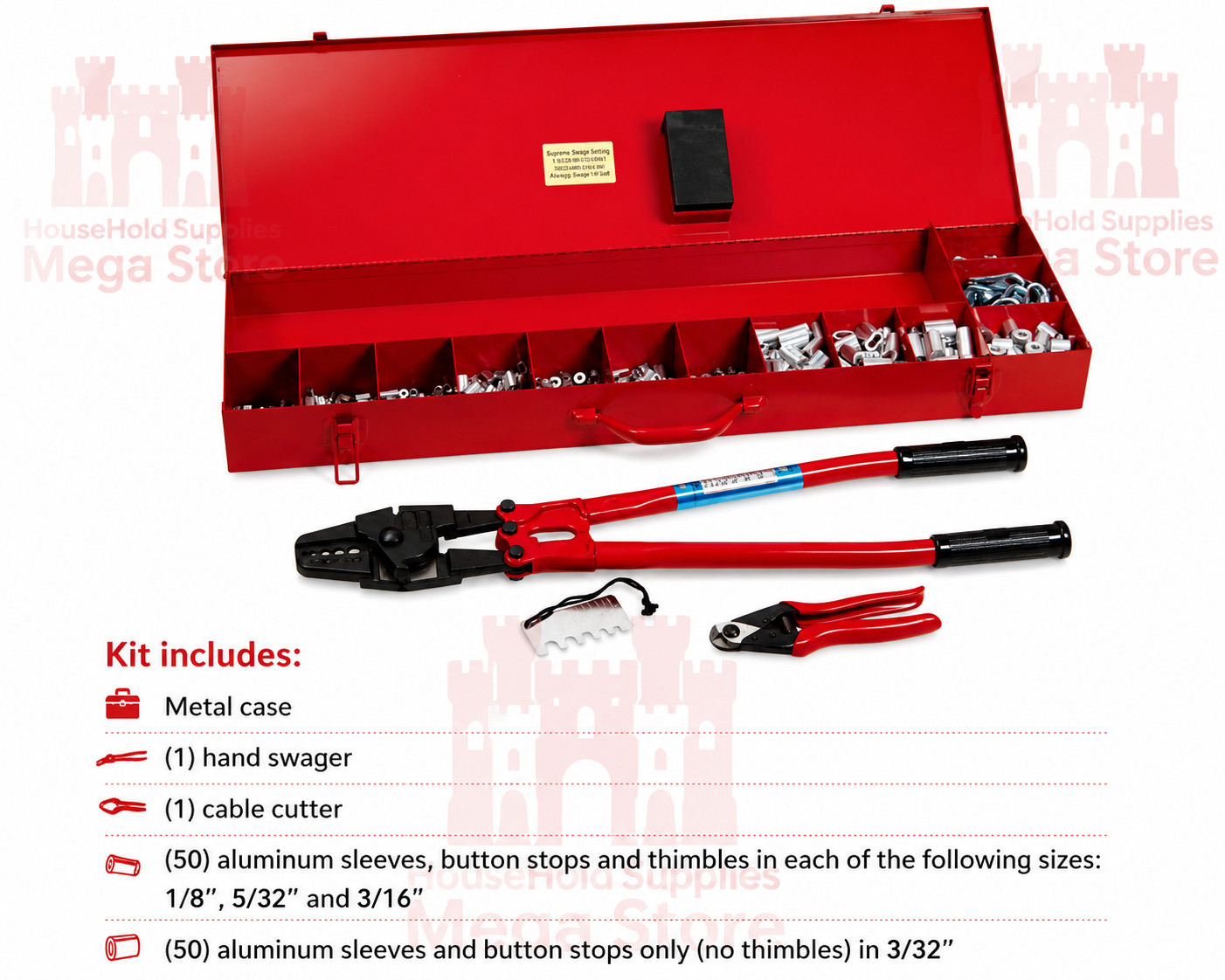 Swaging Kit Metal Case Hand Swager Cable Cutter Aluminum Sleeves Button Thimbles