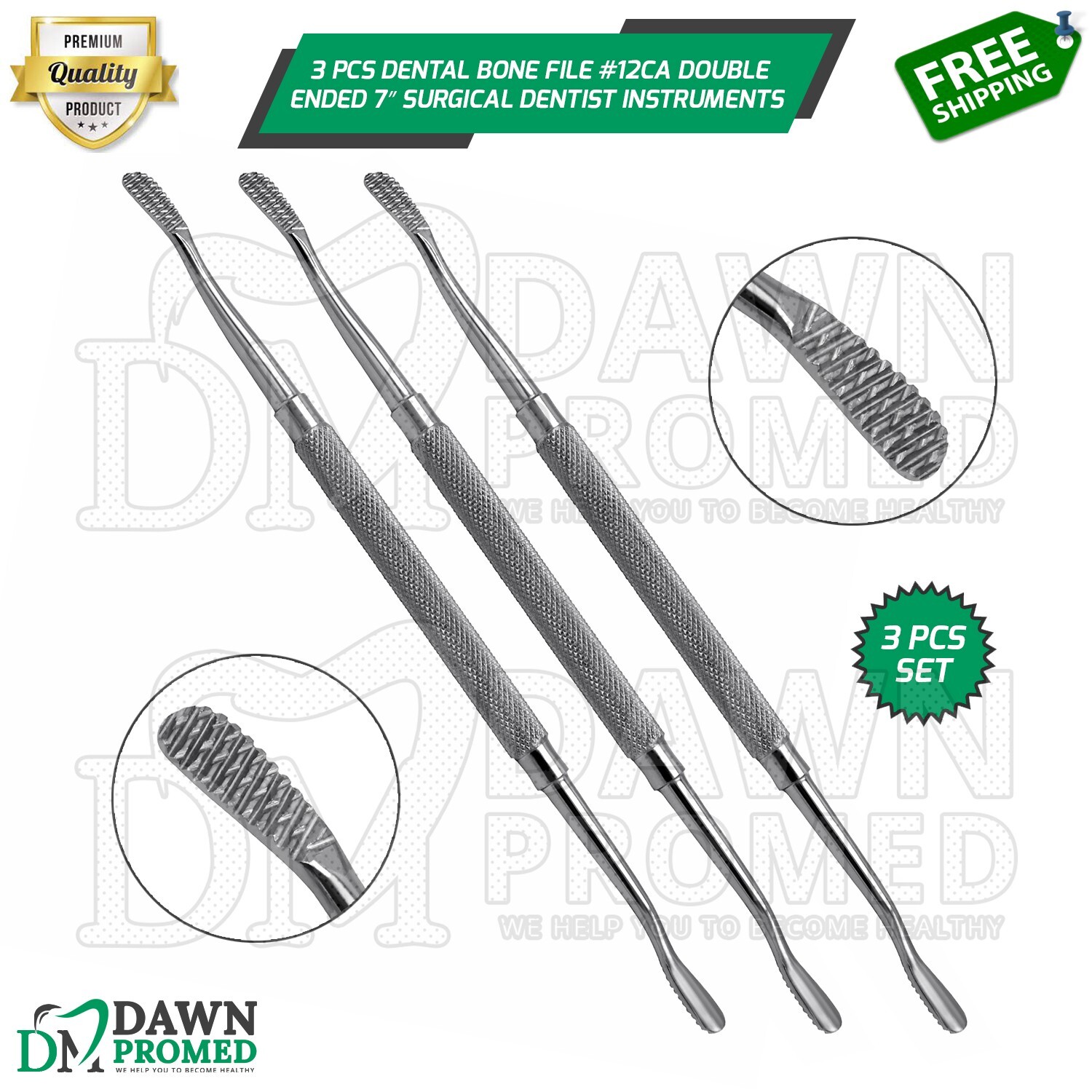 3 Pcs Dental Bone File #12CA Double Ended 7" Surgical Dentist Instruments