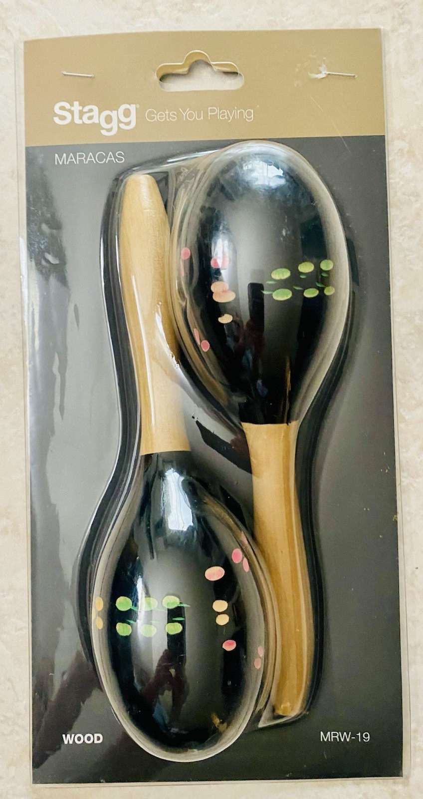 Stagg Pair of Oval Wooden Maracas MRW-19 Black With Decorative Floral Finish