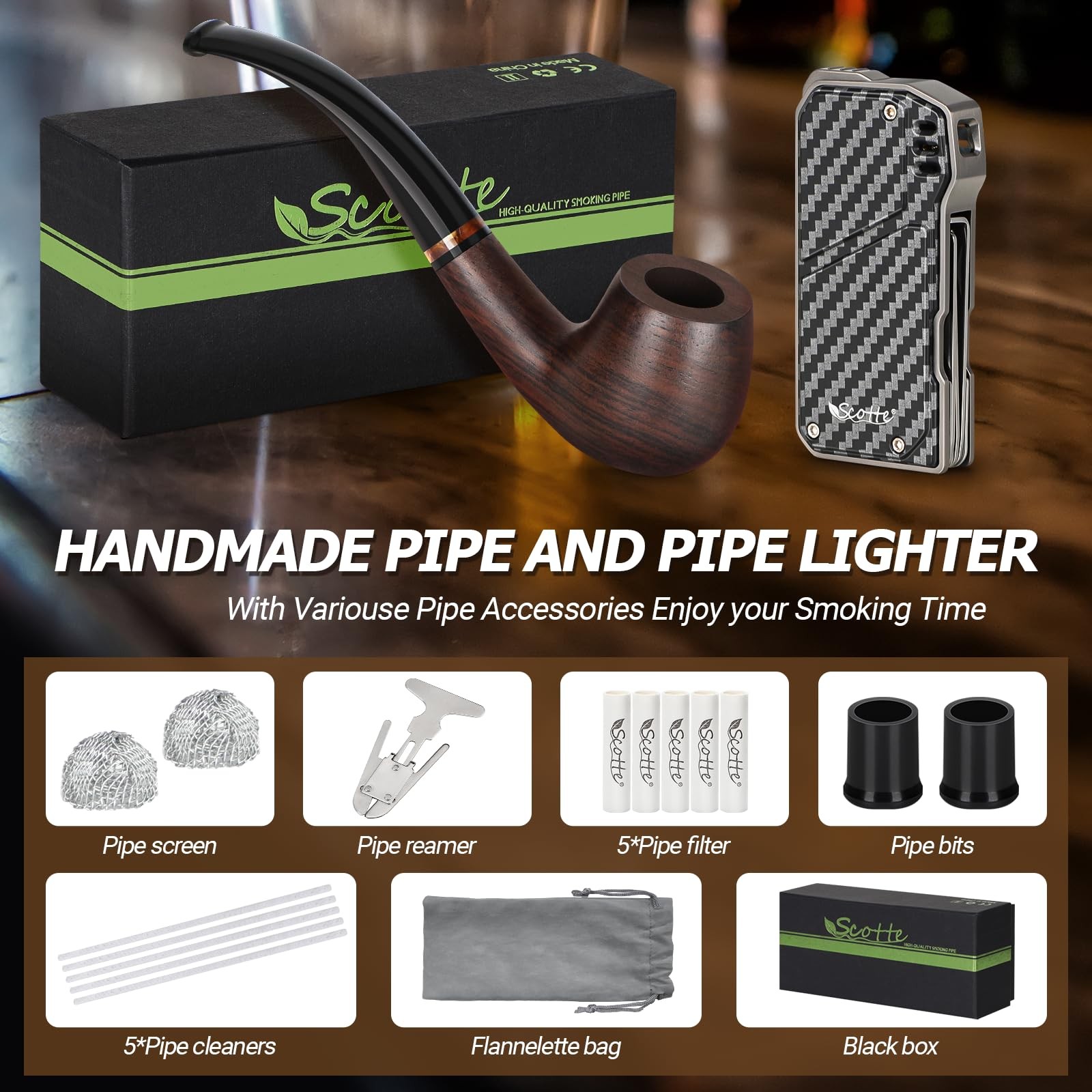 Handmade Pipe and Pipe Lighter Set, Wood Pipe and Various Pipe Accessories, S...