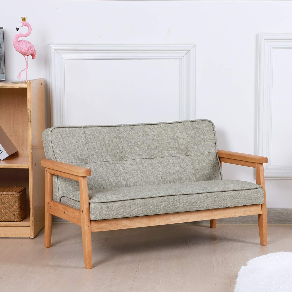Double Seater Kid Sofa Chair, Kid Couch with Solid Wood Arm and Linen Pattern...