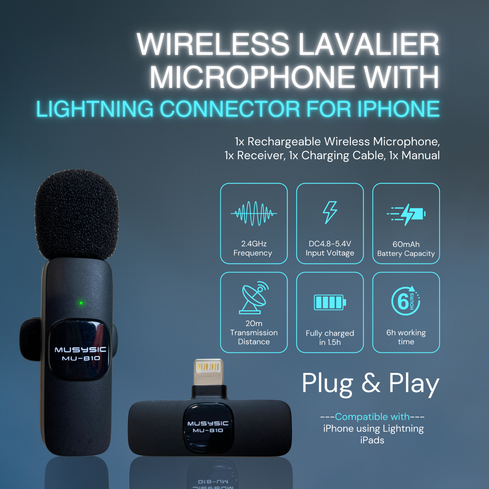 Wireless Lavalier Microphone with Lightning Connector for iPhone