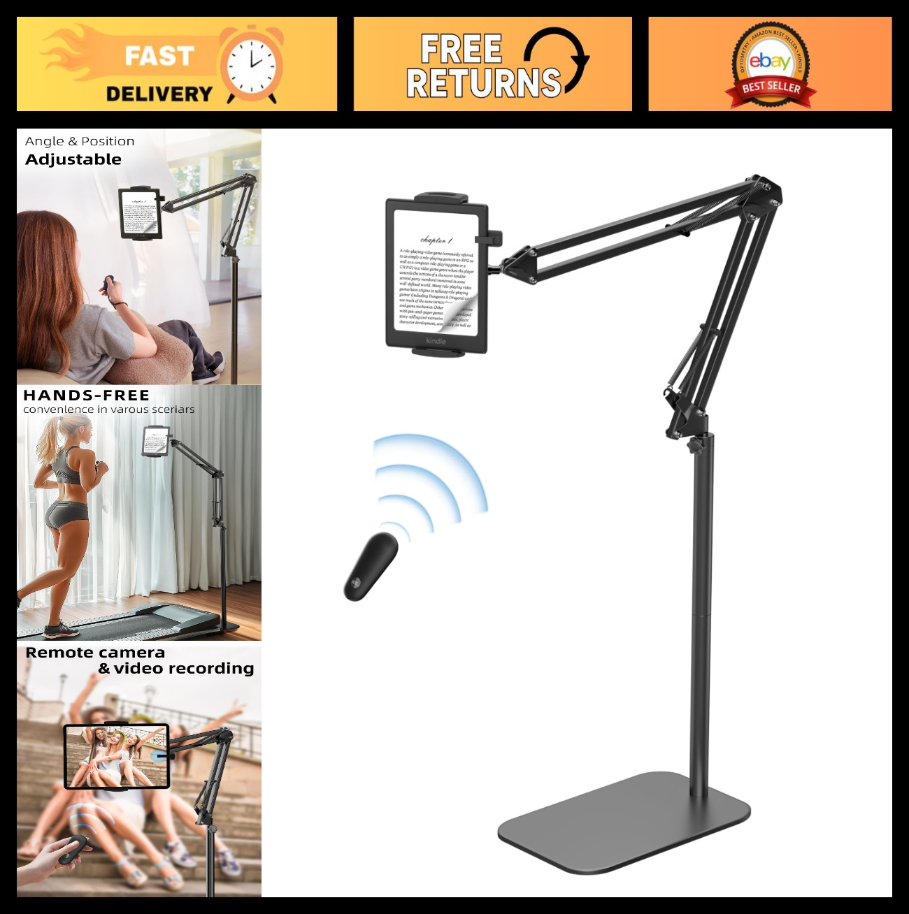 Adjustable Kindle Floor Stand with Remote Page Turner | Tablet Holder for 4.7-12