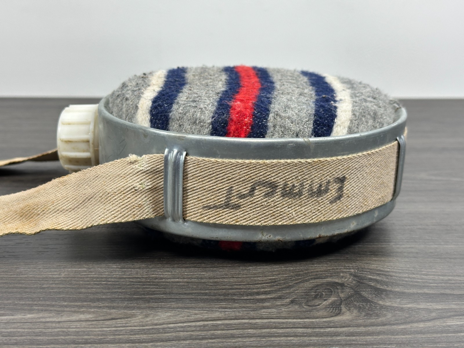 Vintage Galvanized Canteen Metal Wool Felt Covered with Strap