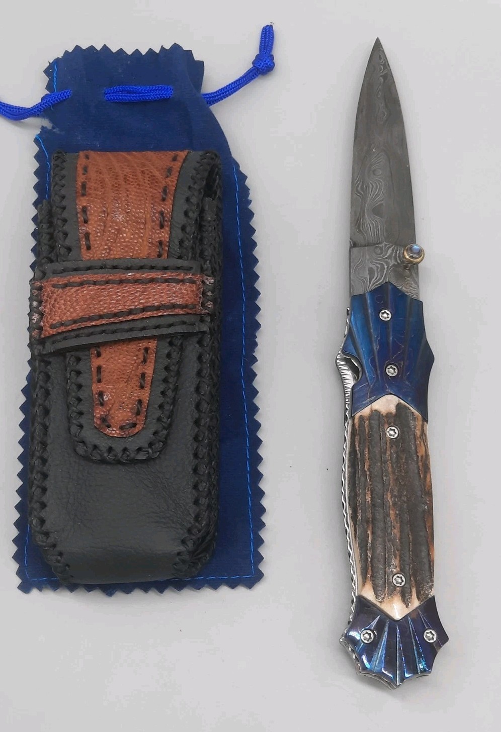 Appaloosa Knives AP Custom Stag Damascus Folding Knife Dagger W/Sheath 4 1/2"