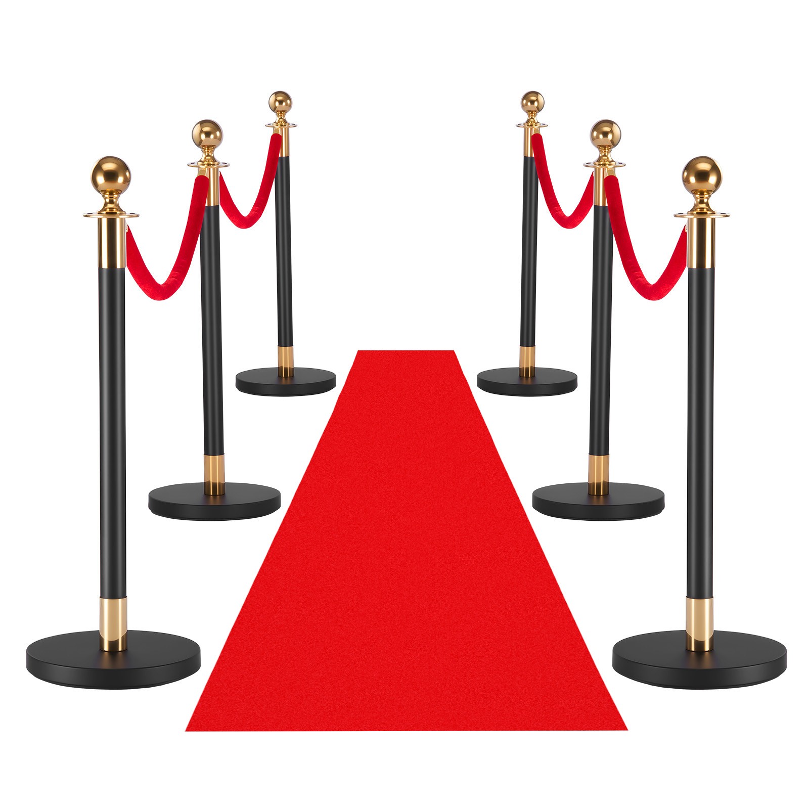 Uimoso 6-Piece Stanchion Set with Red Carpet & 4 Velvet Ropes,Hollow Base, Black