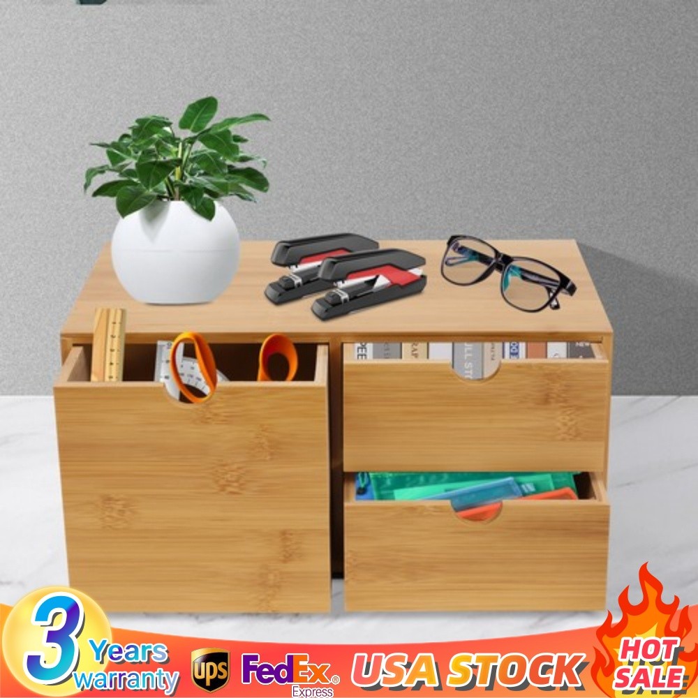Bamboo Desk Organizer with 3 Drawers Tabletop Storage Organization Box Home