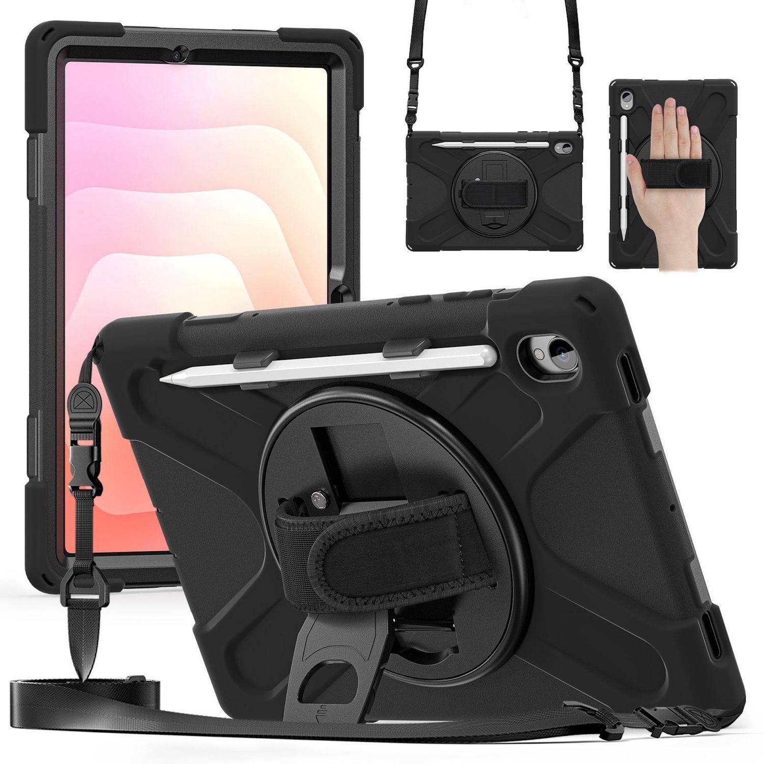 Hybrid Case for Samsung Galaxy Tab S11 360° Holder & Shoulder Strap Black