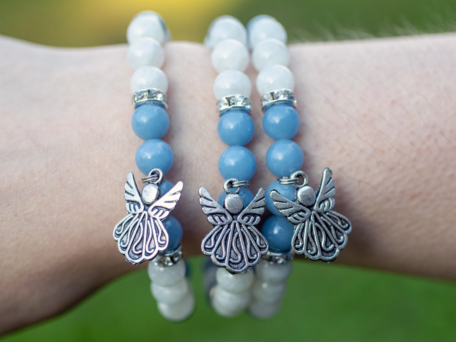 ANGELITE & MOONSTONE Crystal Bracelet - Angel Charm, Round Beads - Jewelry E2050