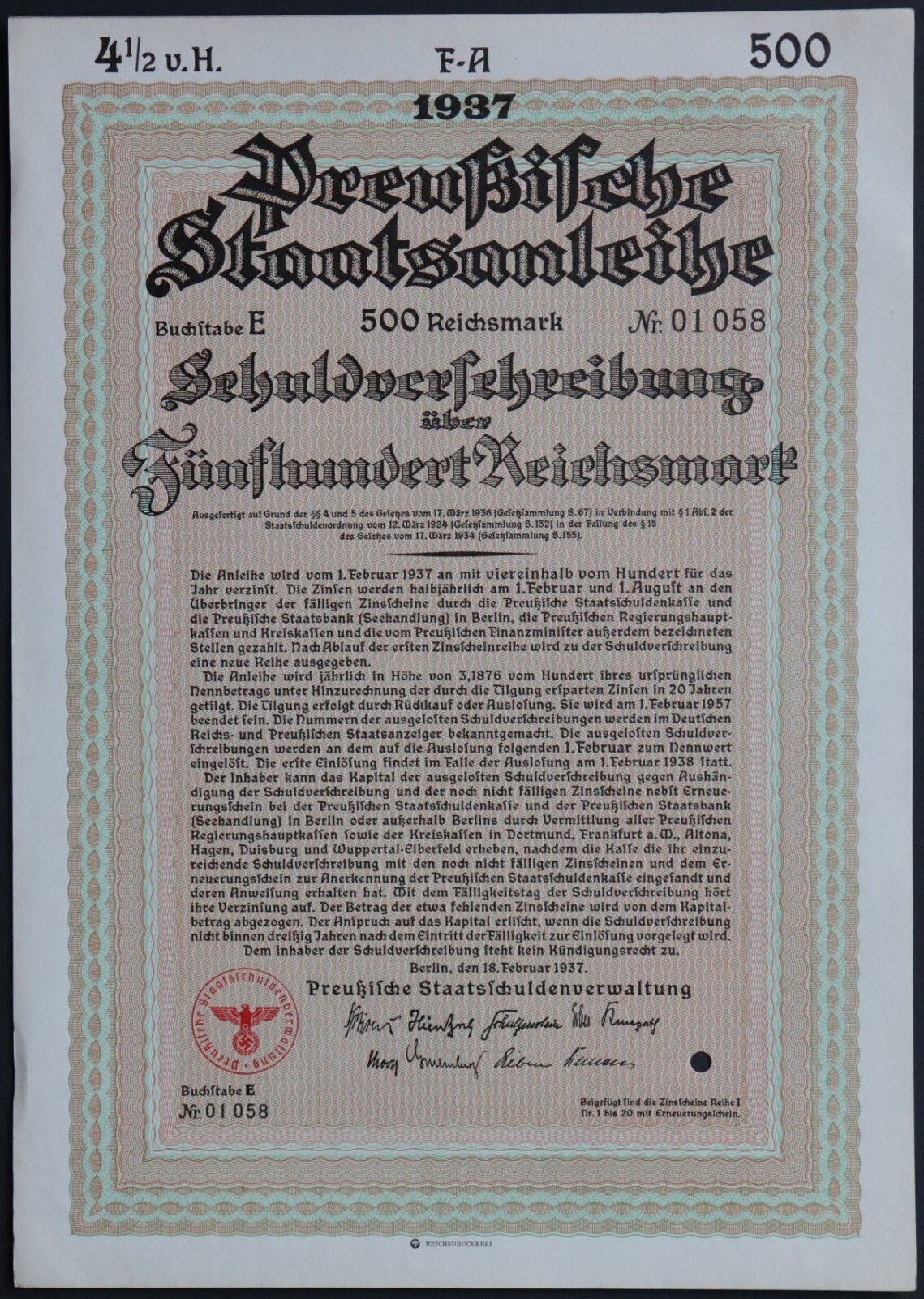 500 Reichsmark 1937 - Series: E 01058 - Loan Bond with eagle-swastika - W147