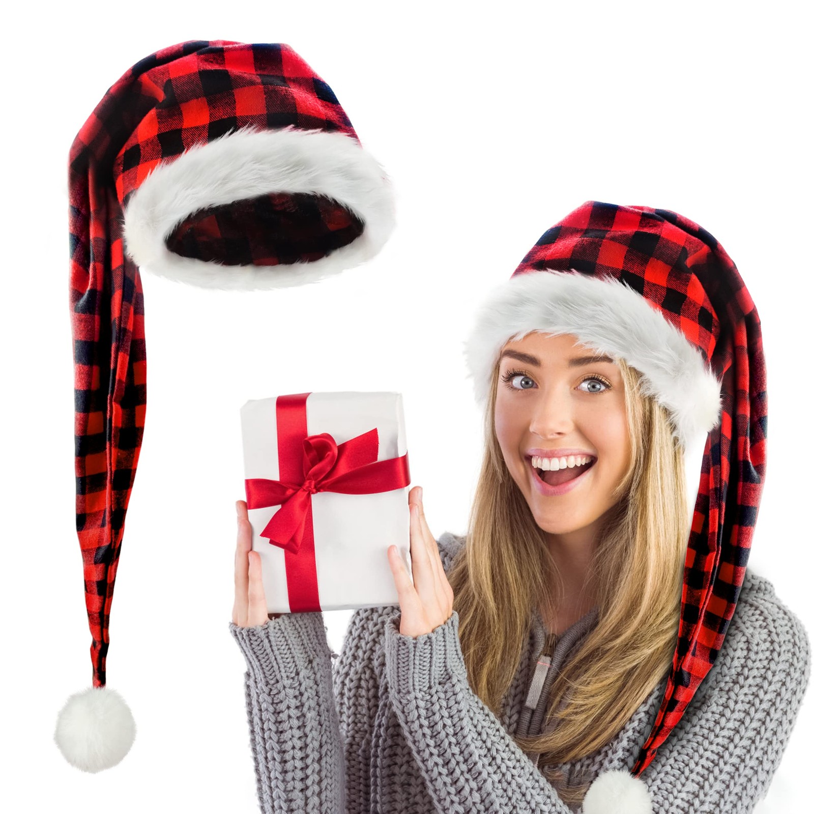 Long Santa Hat for Adult | Red Buffalo Plaid Christmas Santa Hats Unisex Thic
