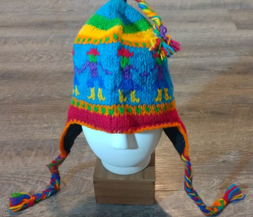 Peruvian 100% Wool Hat Multicolor Chullo Hat Ear Flap Rainbow Boho Granola Braid