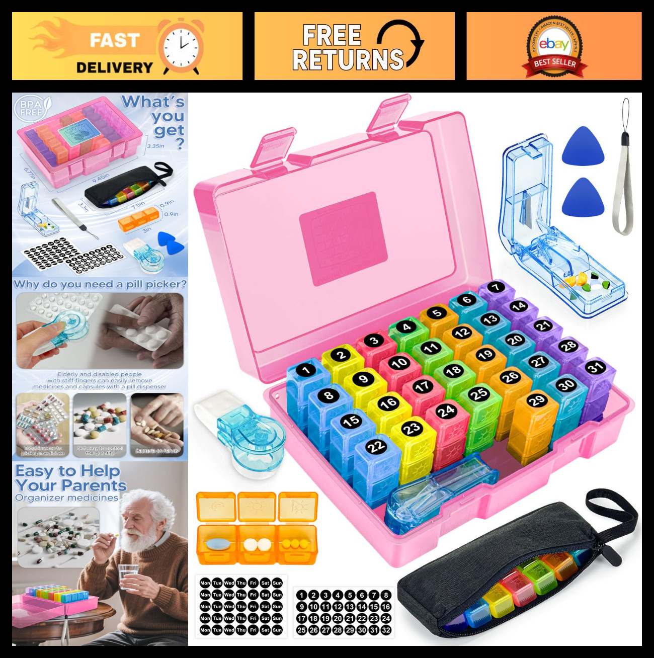 Large Monthly Pill Organizer 3x Daily with Travel Bag, Pill Cutter & Stickers -