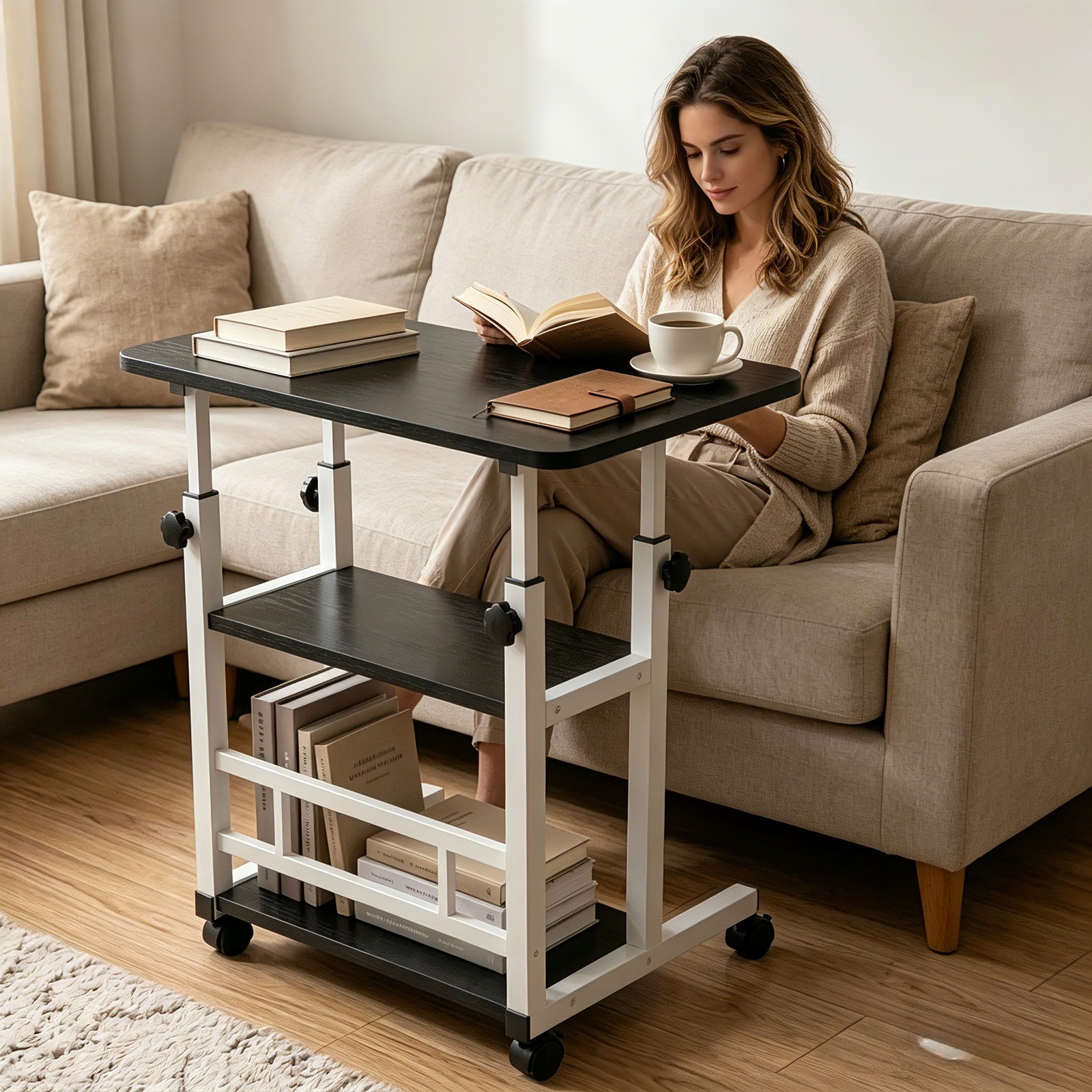 Height Adjustable Computer Desk w/ Storage Shelf Wheels Mobile Desk 3 tier BLACK