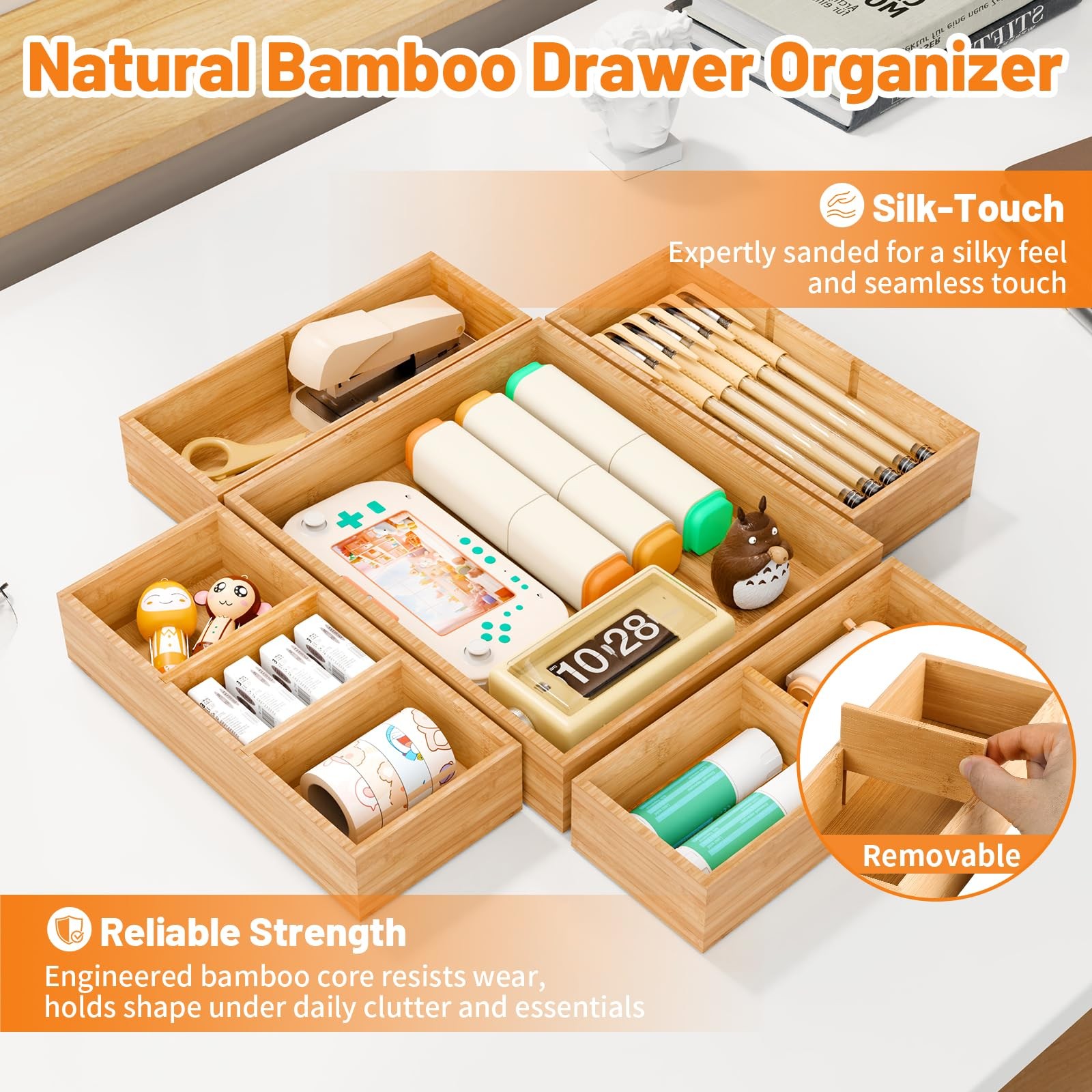 Bamboo Drawer Organizer, 5-Piece Stackable Trays with Removable Dividers