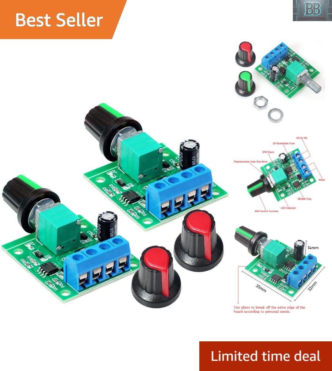 Adjustable 2A DC Motor Speed Controller - 1.8V to 12V Dual Pack for DIY Projects