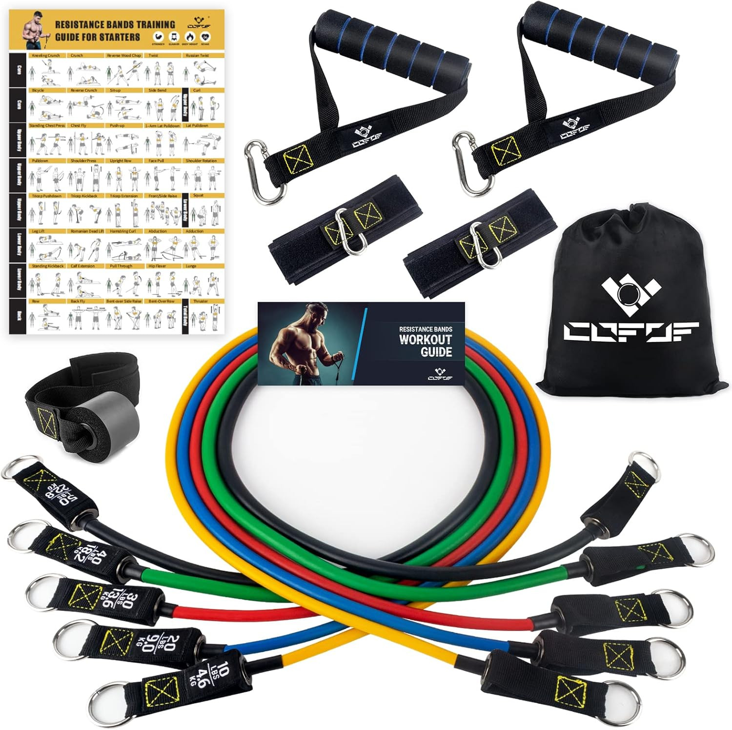 Resistance Bands Set with Yellow Handles, Exercise/Workout/Fitness Bands with Do