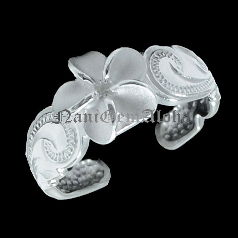 Hawaiian Sterling Silver Scroll Engraved 8mm Plumeria Flower Toe Ring Clear CZ