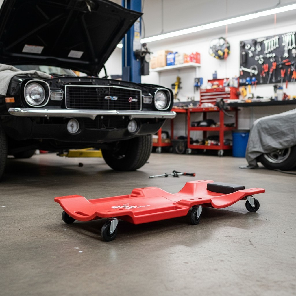 40" Red Rolling Garage Creeper with Padded Headrest & Dual Tool Trays