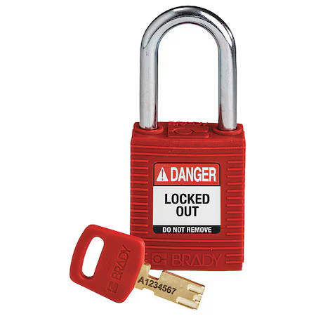 Brady Nyl-Red-38St-Kd Lockout Padlock, Keyed Different, Nylon, Red, 1 1/2 In
