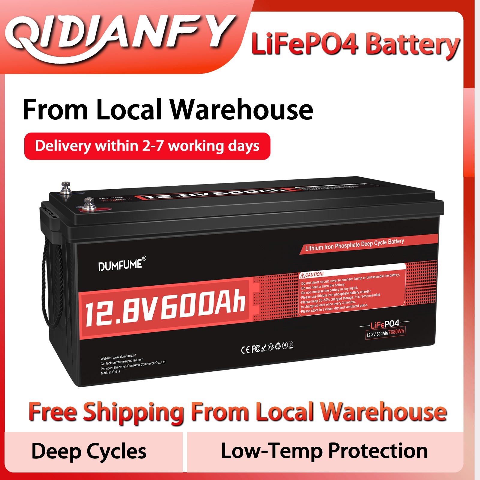LiFePO4 Lithium Battery 12V 600Ah Deep Cycle 200A BMS For RV Solar Backup Power