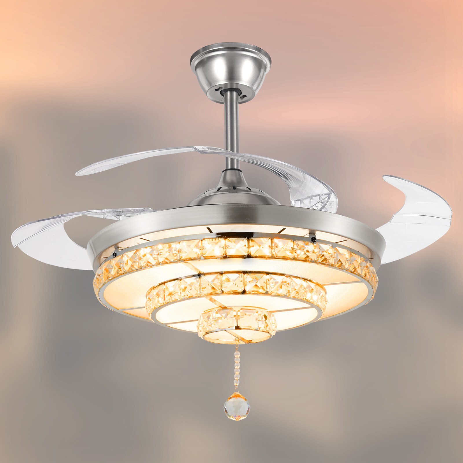42" crystal fan remote control chandelier, LED three-tone lighting