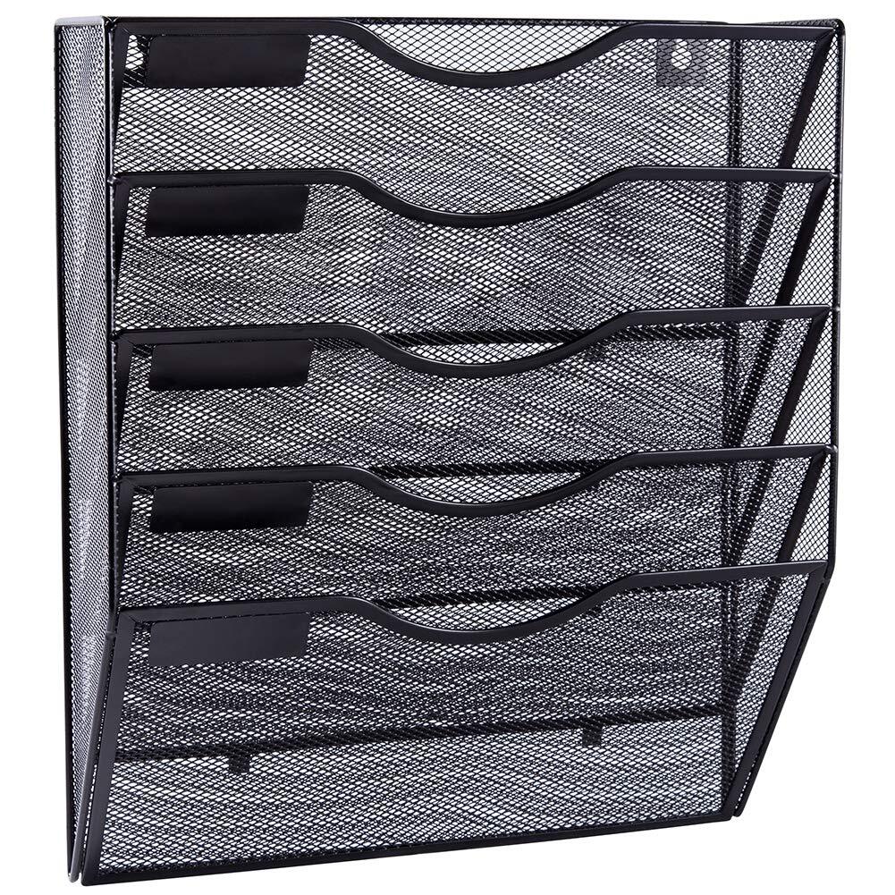 5 Pocket Mesh Wall File Organizer Hanging Mail Holder with Labels Black