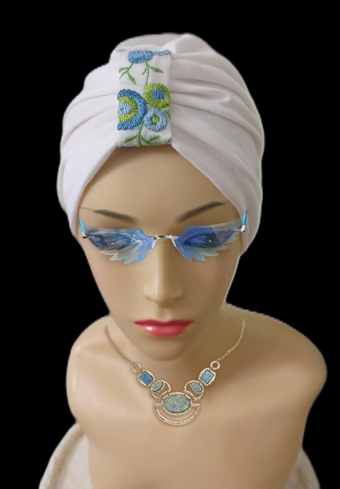 Turban. Alopecia Hair Loss Scarf Turban Head Wrap White w/ Embroidery ON top