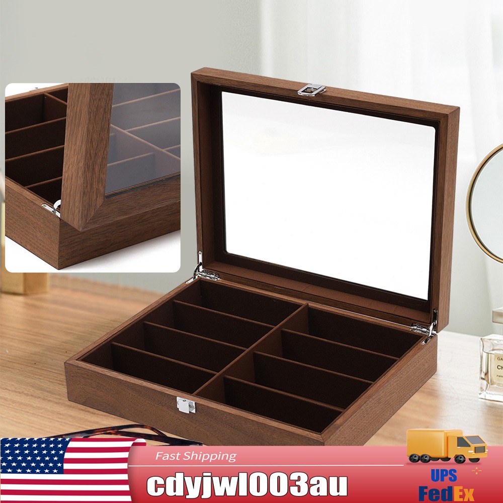 Eyeglass Sunglasses Organizer 8 Grid Glasses Display Wood Case Collection Box!