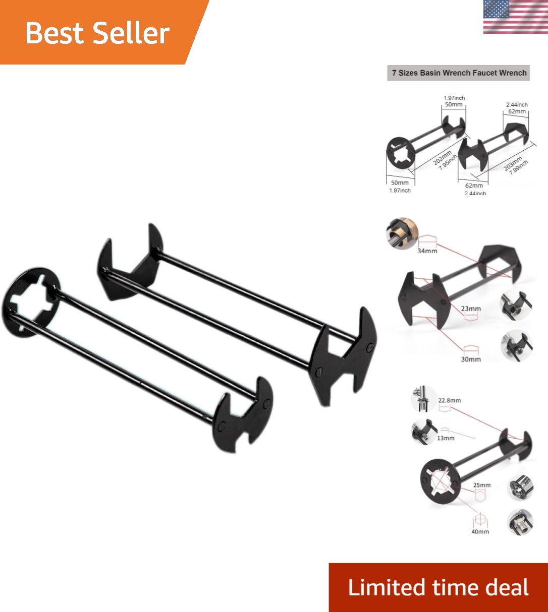 Multifunctional Sink Wrench Set, 2-Pack Basin and Faucet Wrench Tool with Fou...