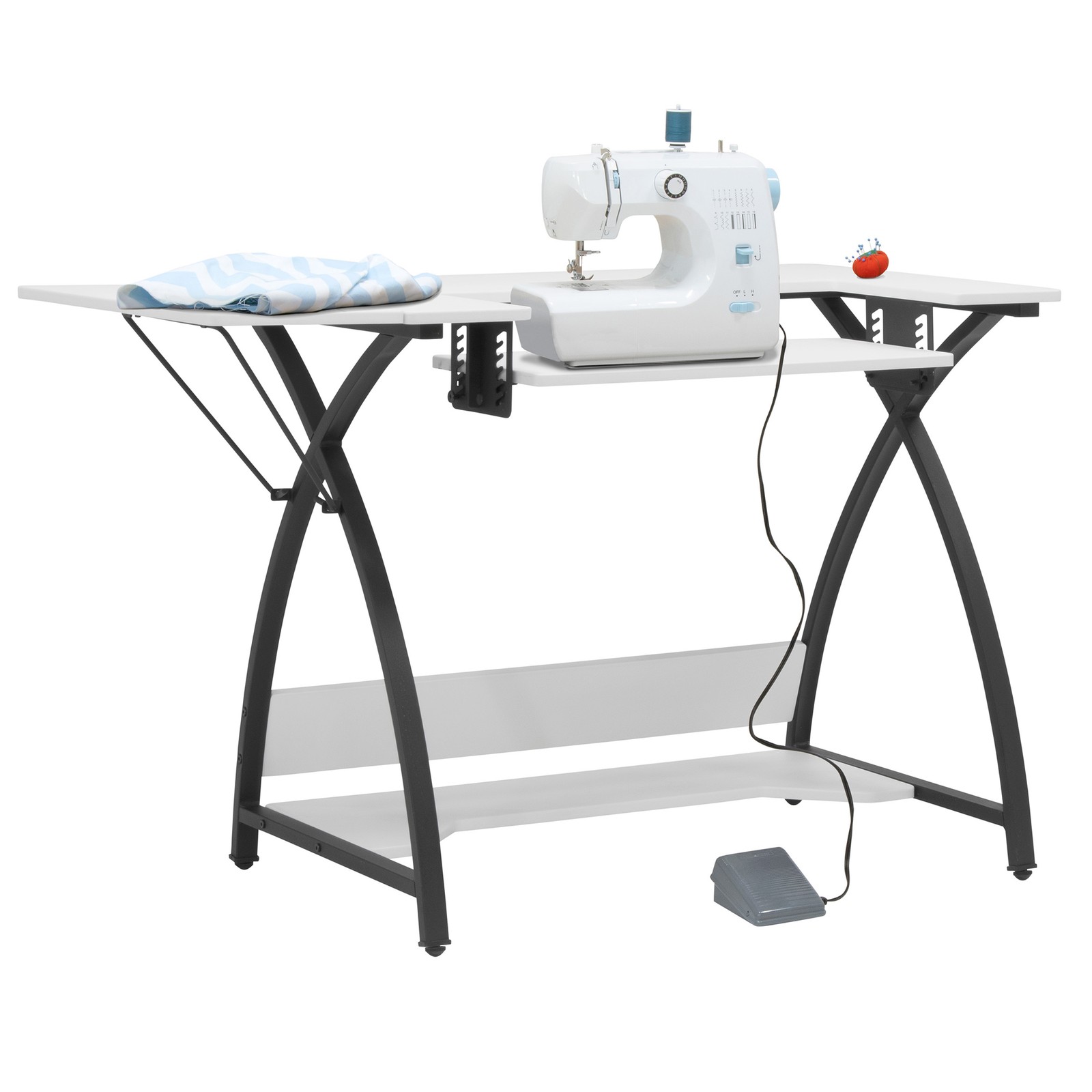 Sew Ready Comet Plus Hobby and Sewing Table with Side & Lower Shelf, Black/White