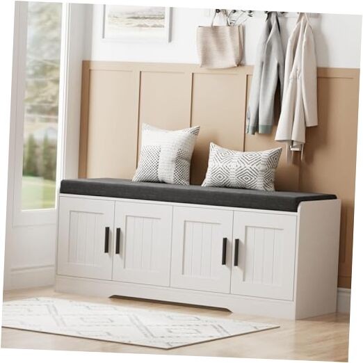2-Tier Storage Bench, Shoe Bench with Thickened Padded Seat 45.3" White
